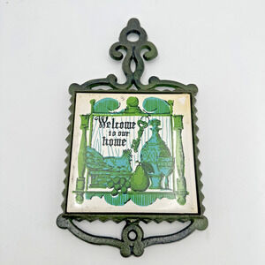 Vintage 60s Trivet "Welcome To Our Home" Green Cast Iron White Ceramic Tile